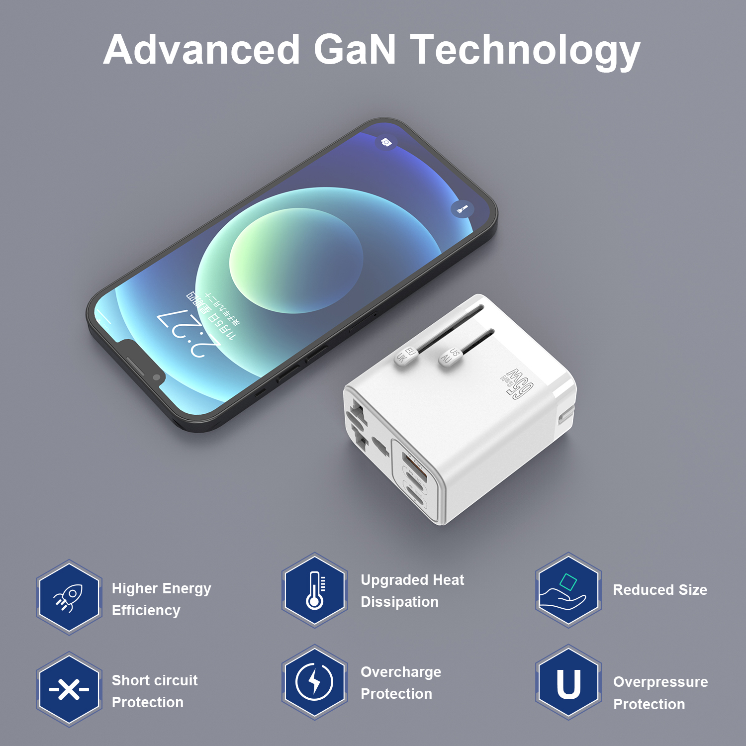 Bikkon 3 Ports 65W GaN Charger Travel Adaptor
