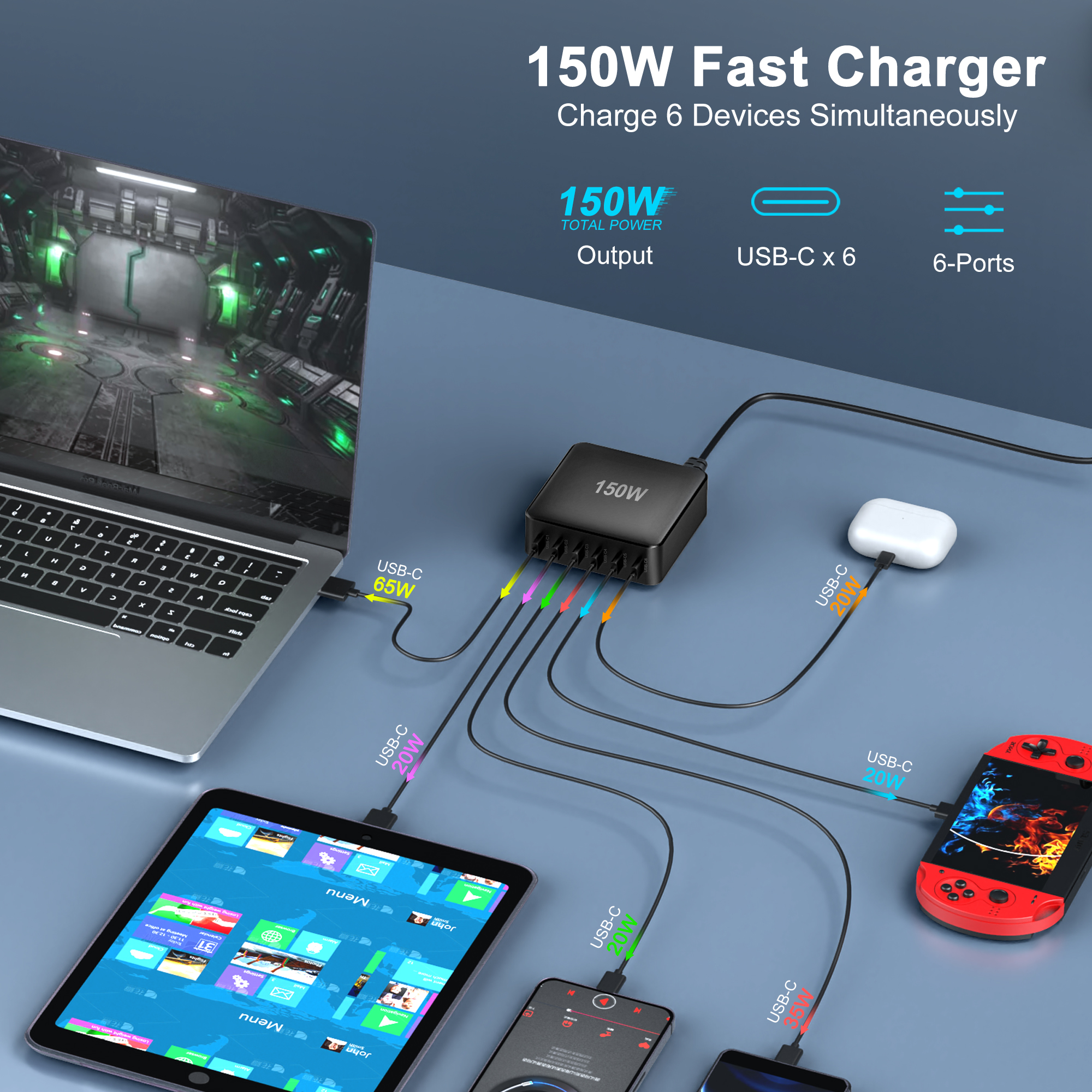 Bikkon 150W 6 USB-C Ports GaN Desktop Charger