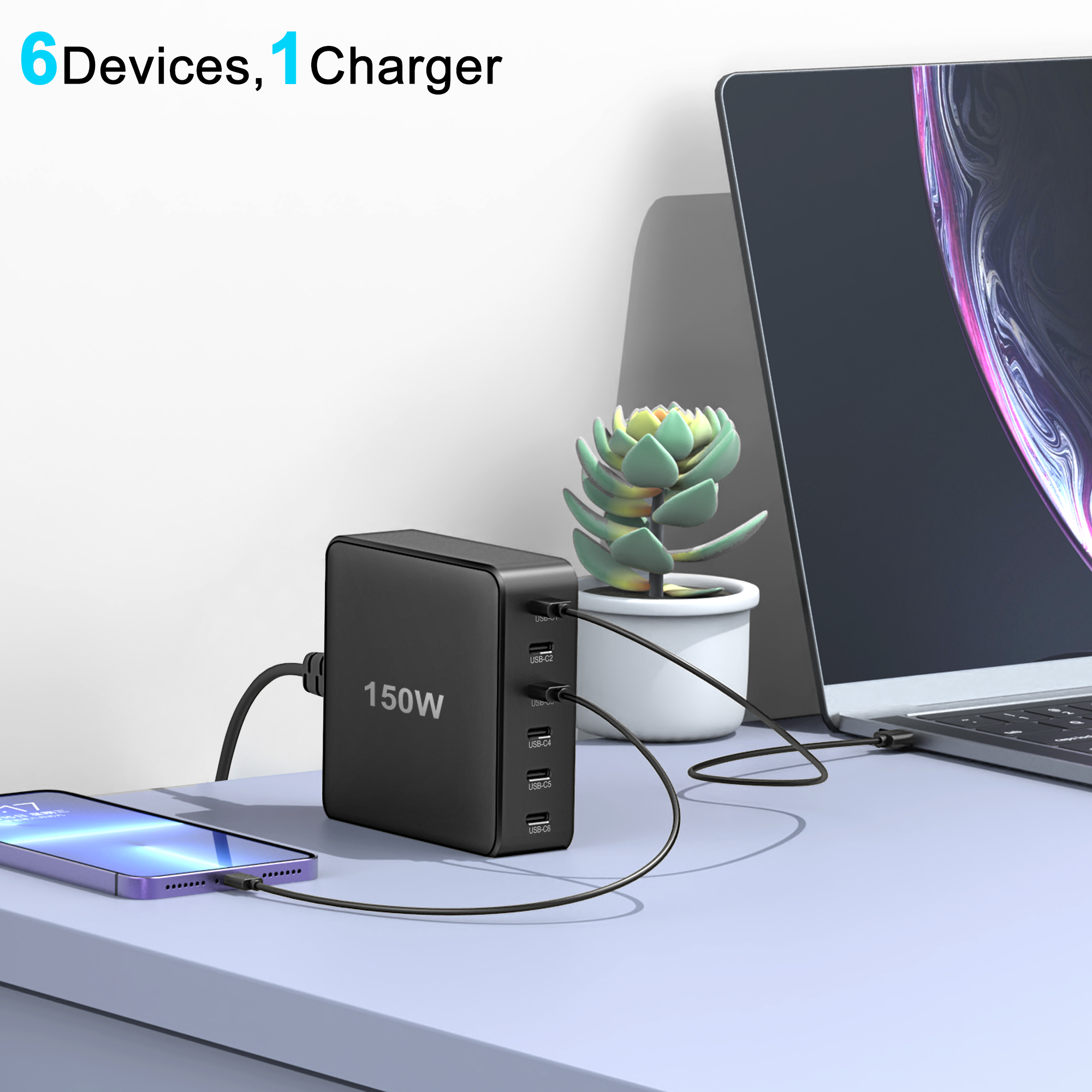 Bikkon 150W 6 USB-C Ports GaN Desktop Charger