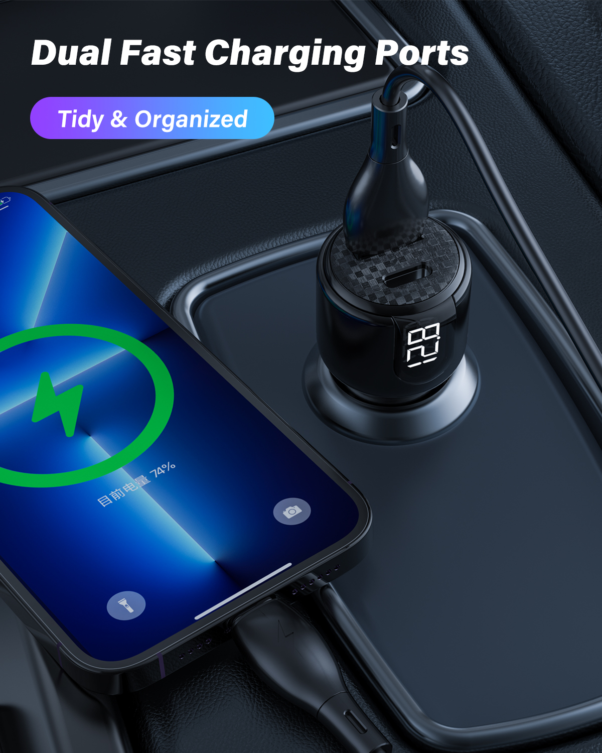 Bikkon 75W Dual Ports Car Charger For Laptop With LED Display
