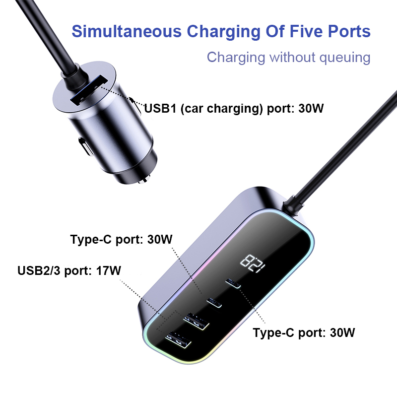 Bikkon 155W Multi-Port Fast Charging Car Charger USB PD 1.5m Extension Cable