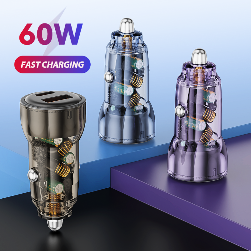 Bikkon 60W USB-A+ USB-C Fast Charging Transparent Mini Car Charger