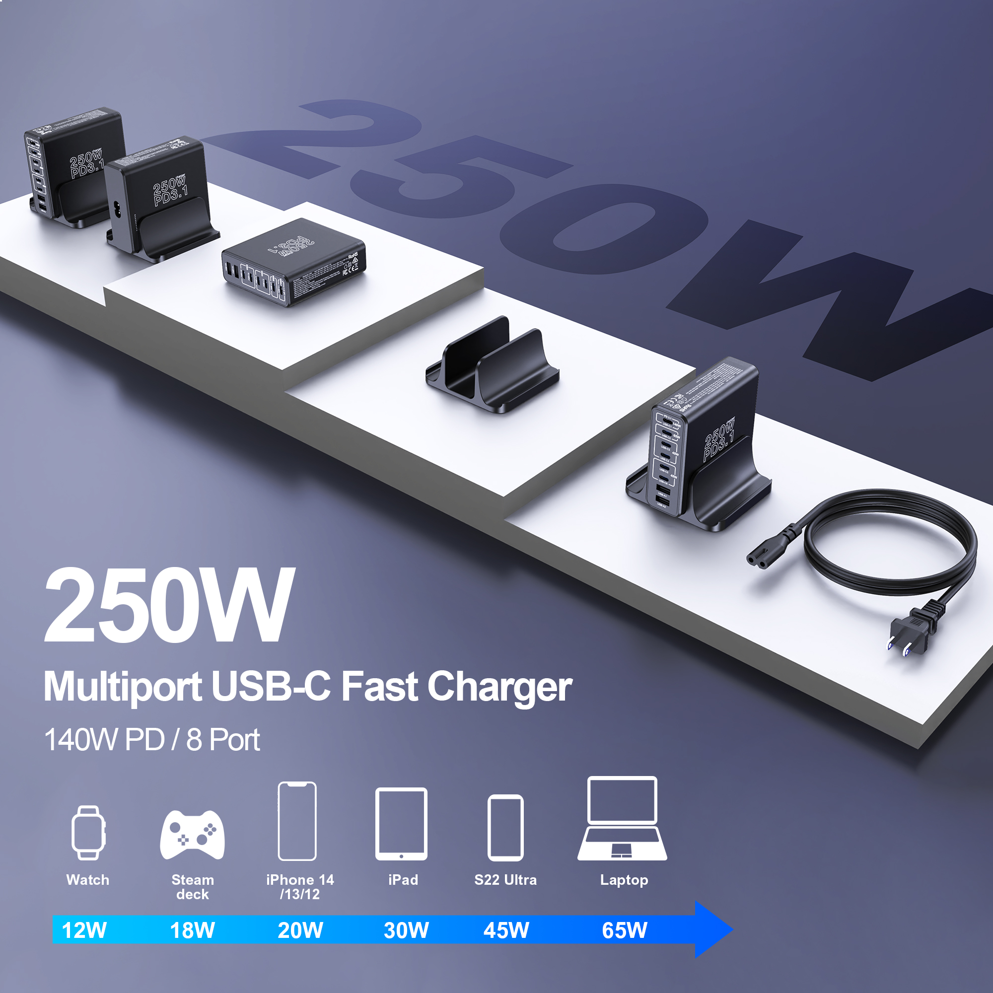 Bikkon 250W PD3.1 8 Ports 6C2A Desktop Charging Station