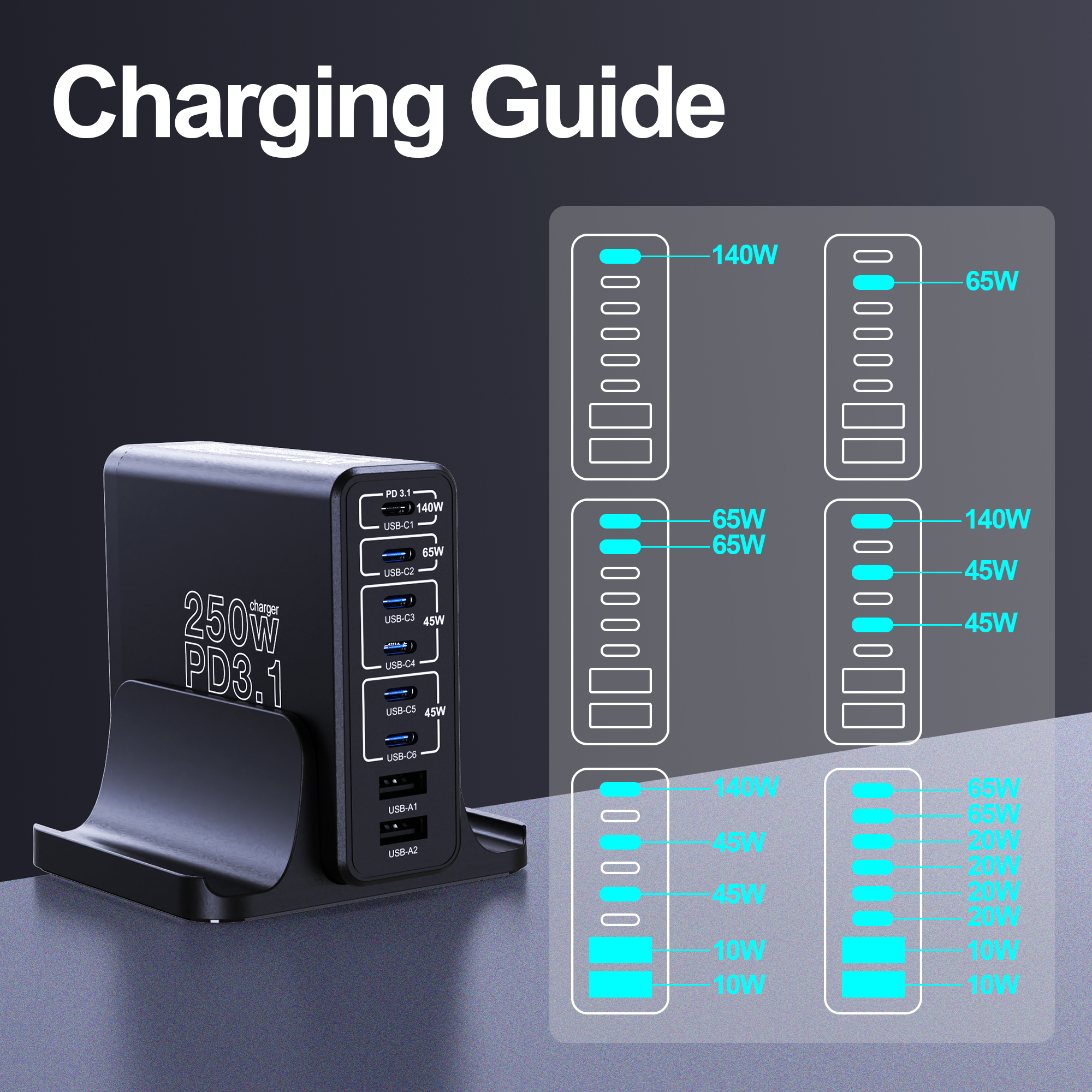 Bikkon 250W PD3.1 8 Ports 6C2A Desktop Charging Station