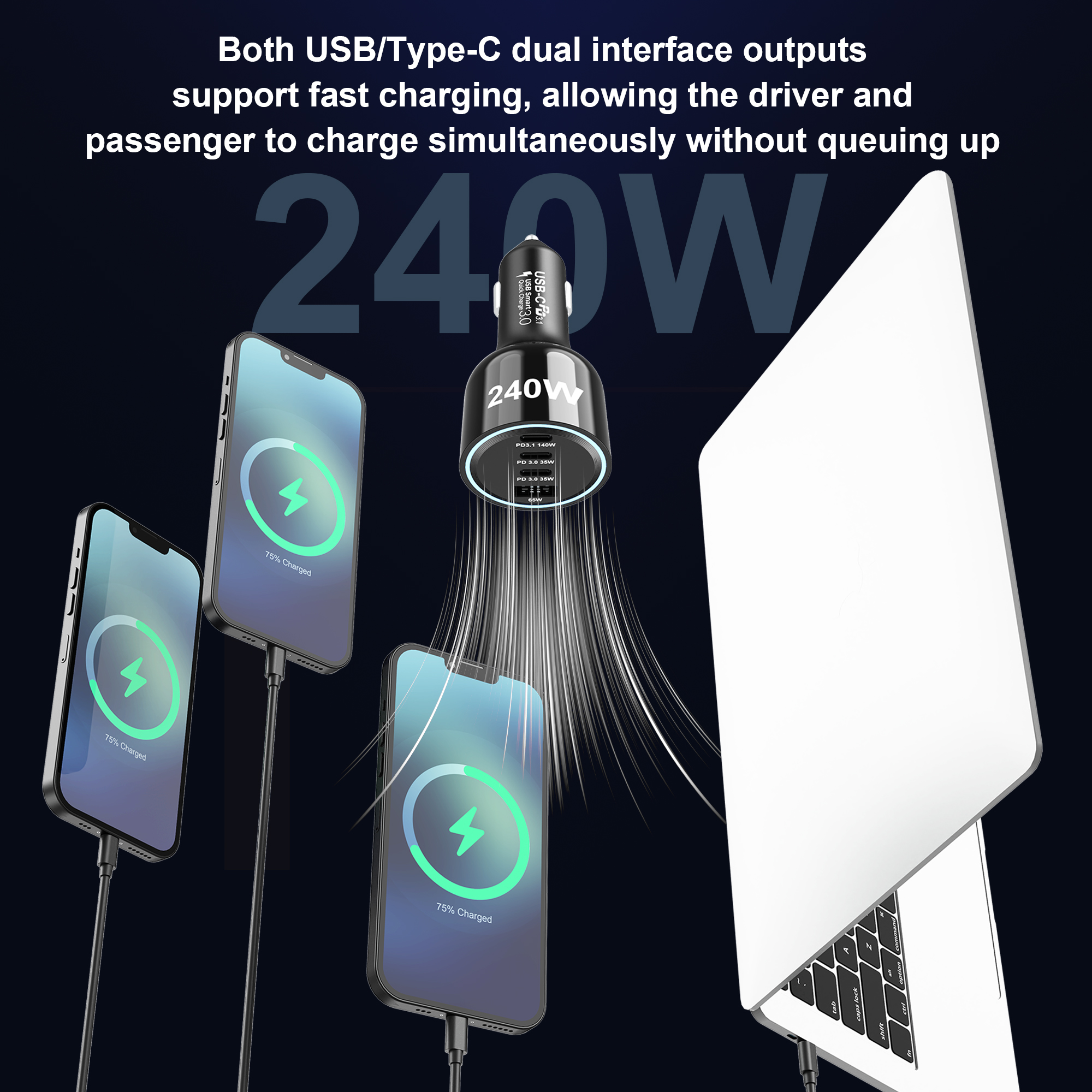 Bikkon 240W PD3.1 4 Ports Fast Car Charger For Laptop