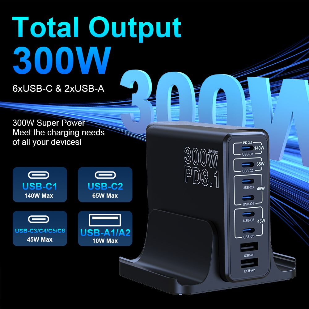 Bikkon 300W PD3.1 8 Ports 6C2A Desktop Charging Station