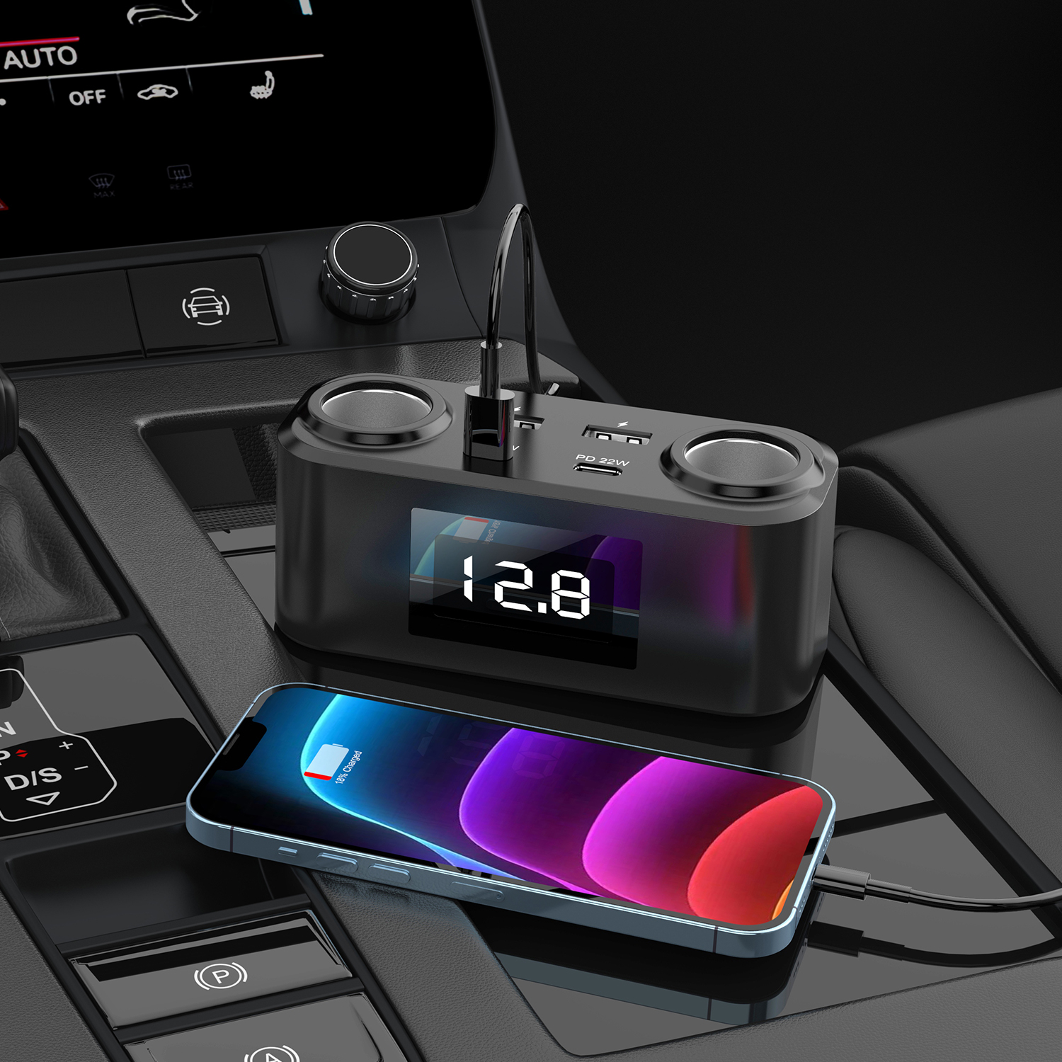 Bikkon 100W Multi-Port Fast Charging LED Display Car Charger With Cigarette Lighter Socket
