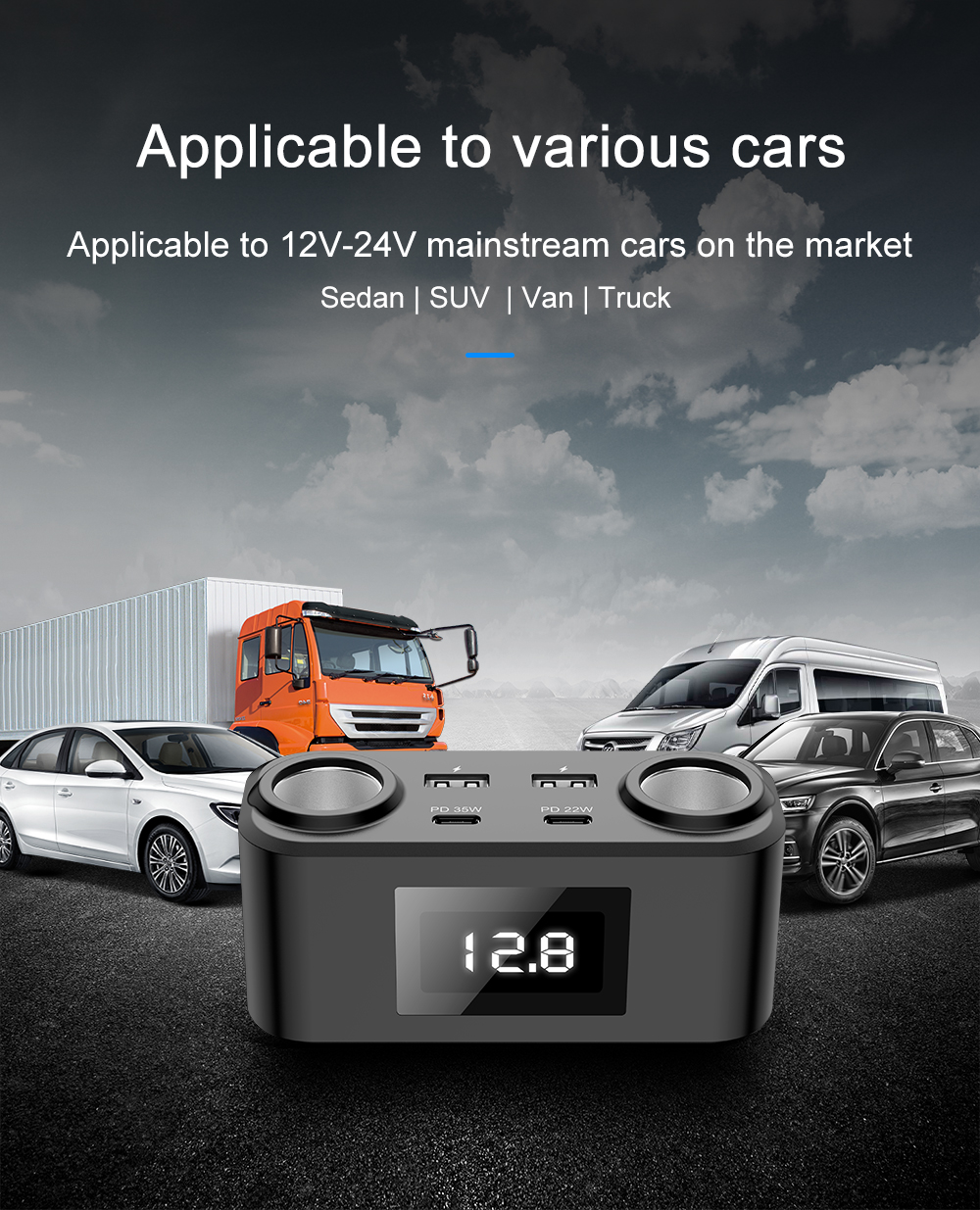 Bikkon 100W Multi-Port Fast Charging LED Display Car Charger With Cigarette Lighter Socket