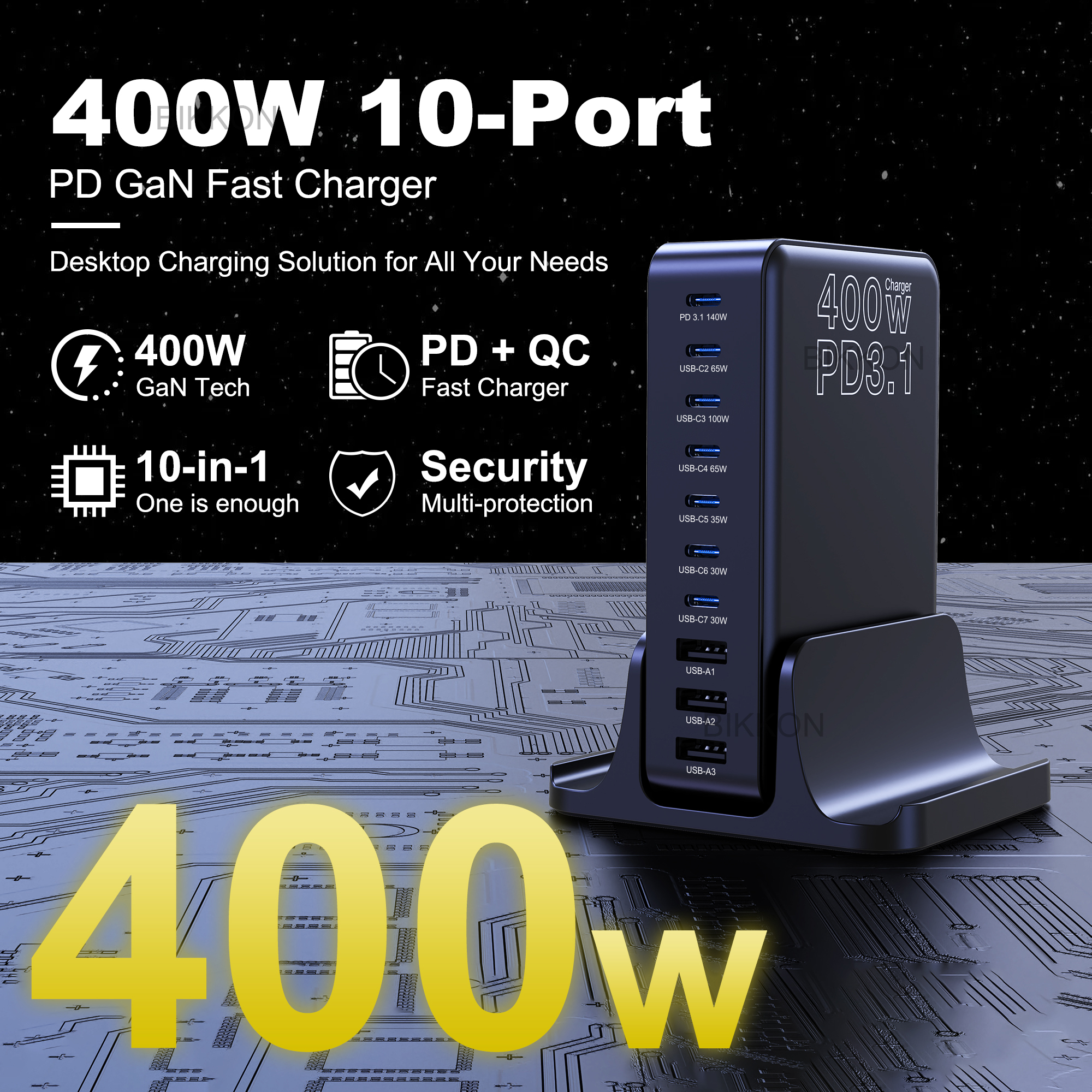 Shenzhen Bikkon Technology Limited 400W PD3.1 7C3A 10-Ports GaN Desktop Charger