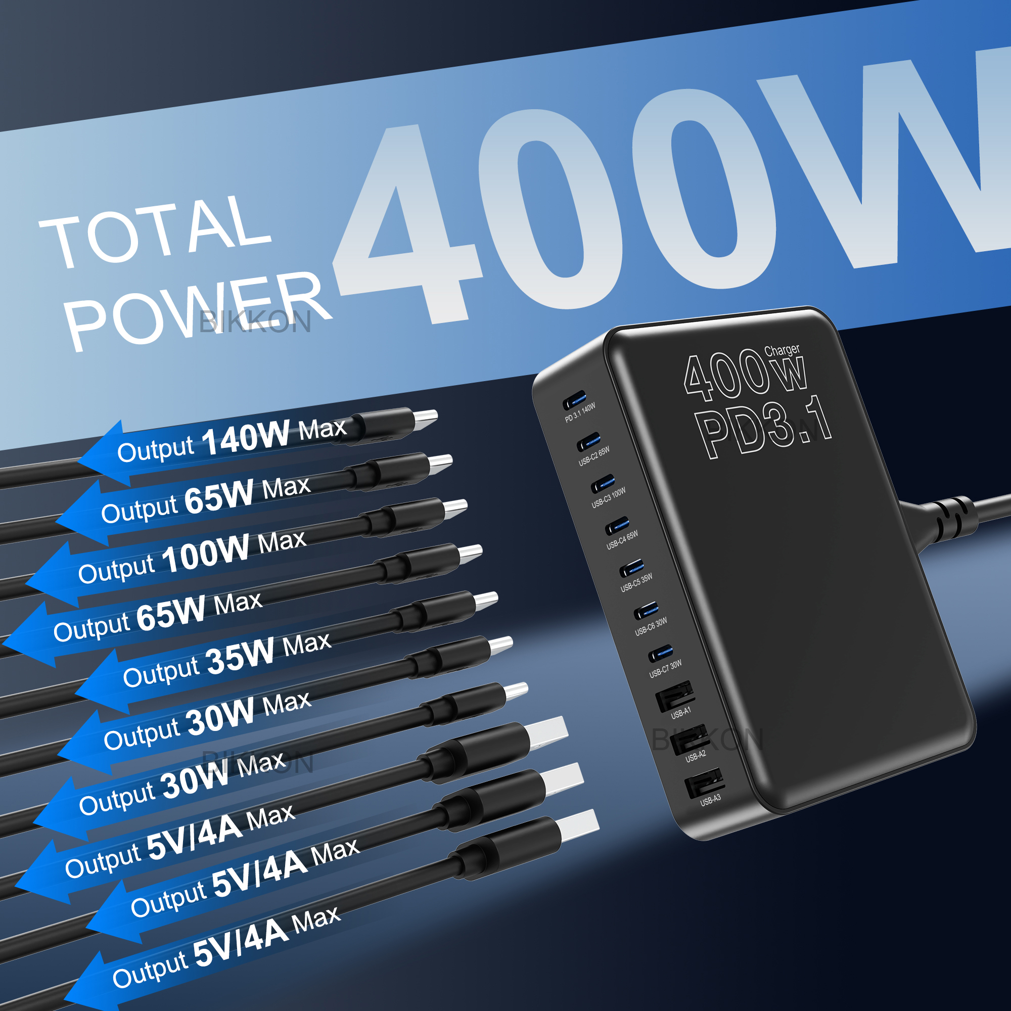 bikkon technology-PD3.1 400W 7C3A 10-Ports GaN Desktop Charger