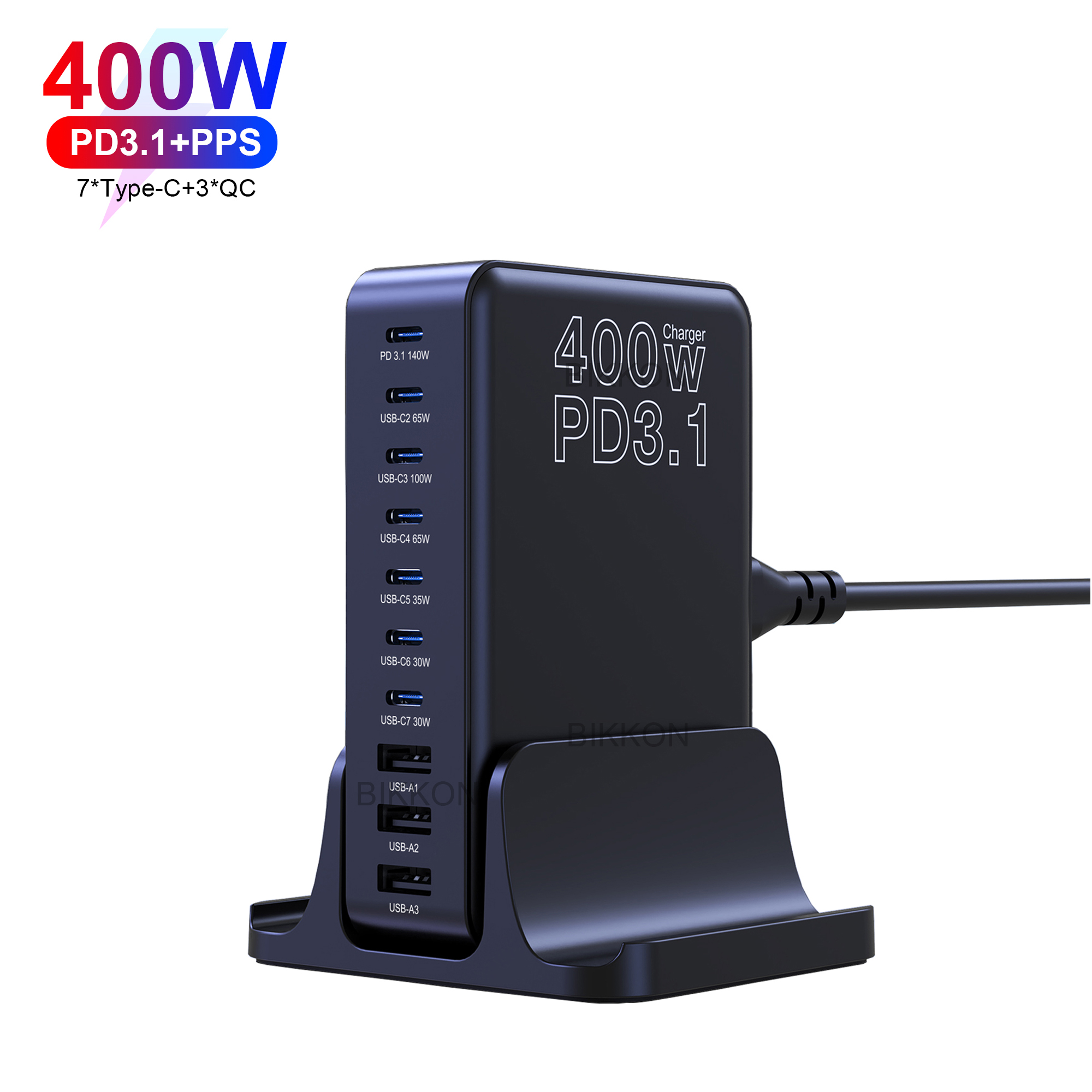 bikkon technology-PD3.1 400W 7C3A 10-Ports GaN Desktop Charger