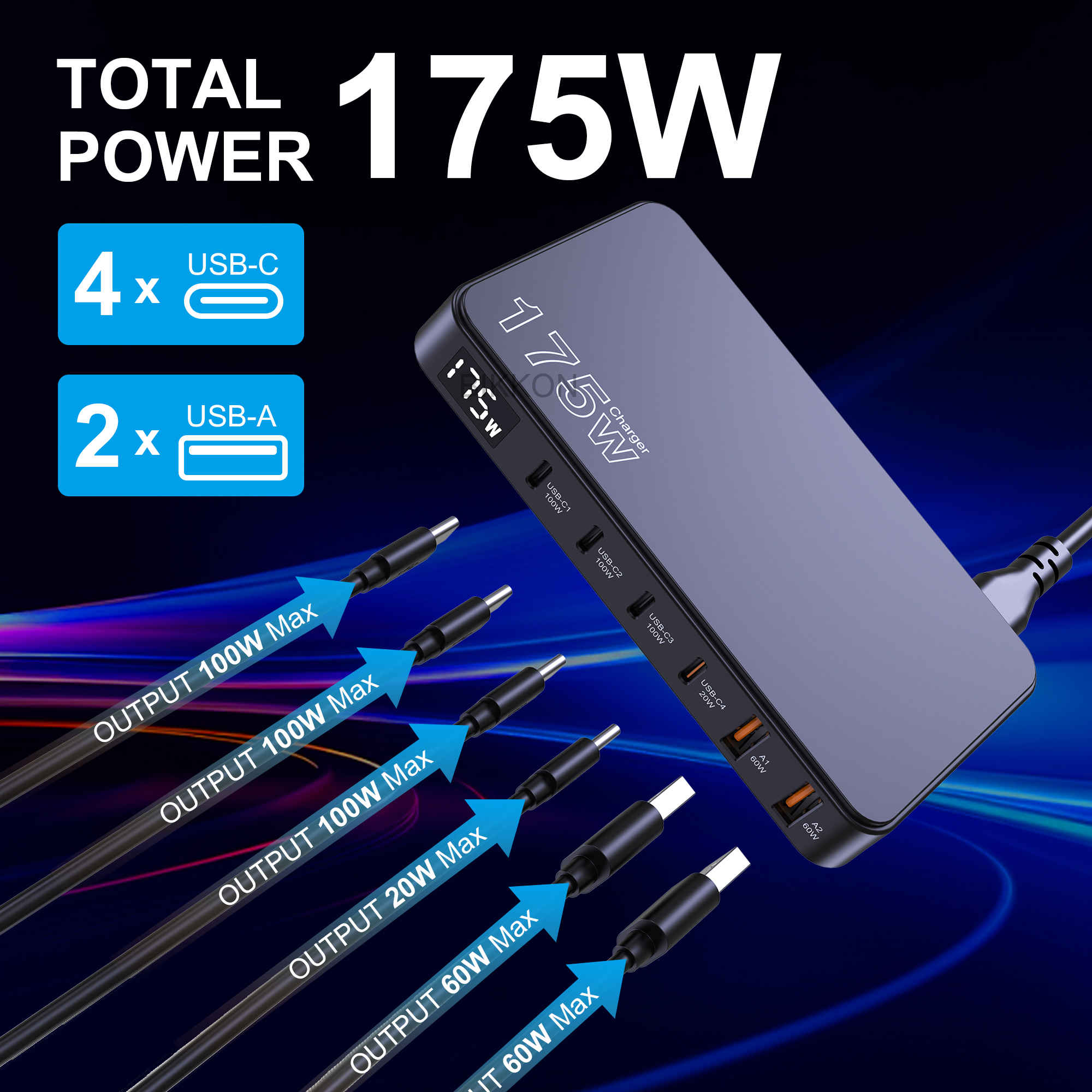Bikkon GaN 175W 4C2A LED Display Desktop Adapter
