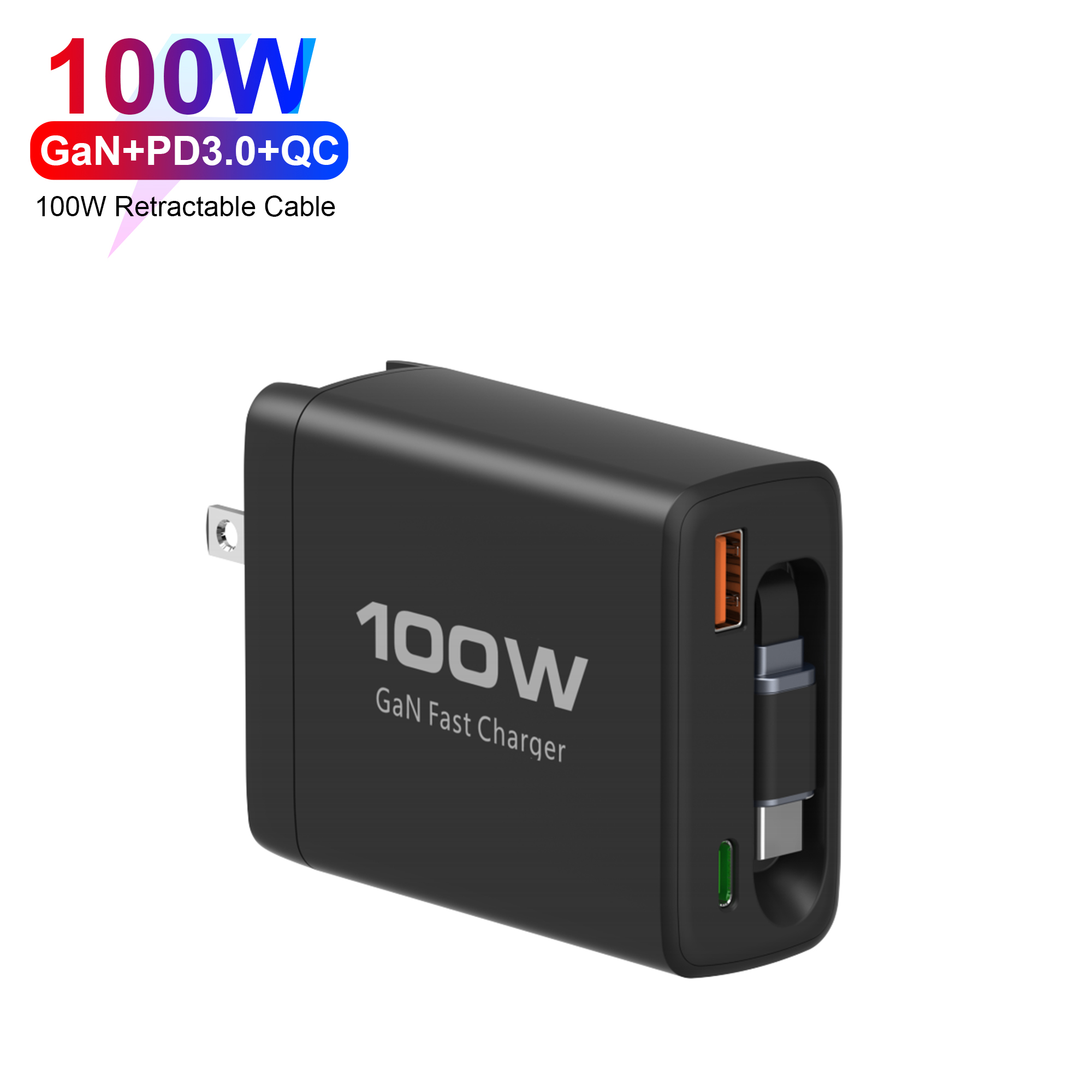 PD 3.0 100W Retractable Cable GaN Charger