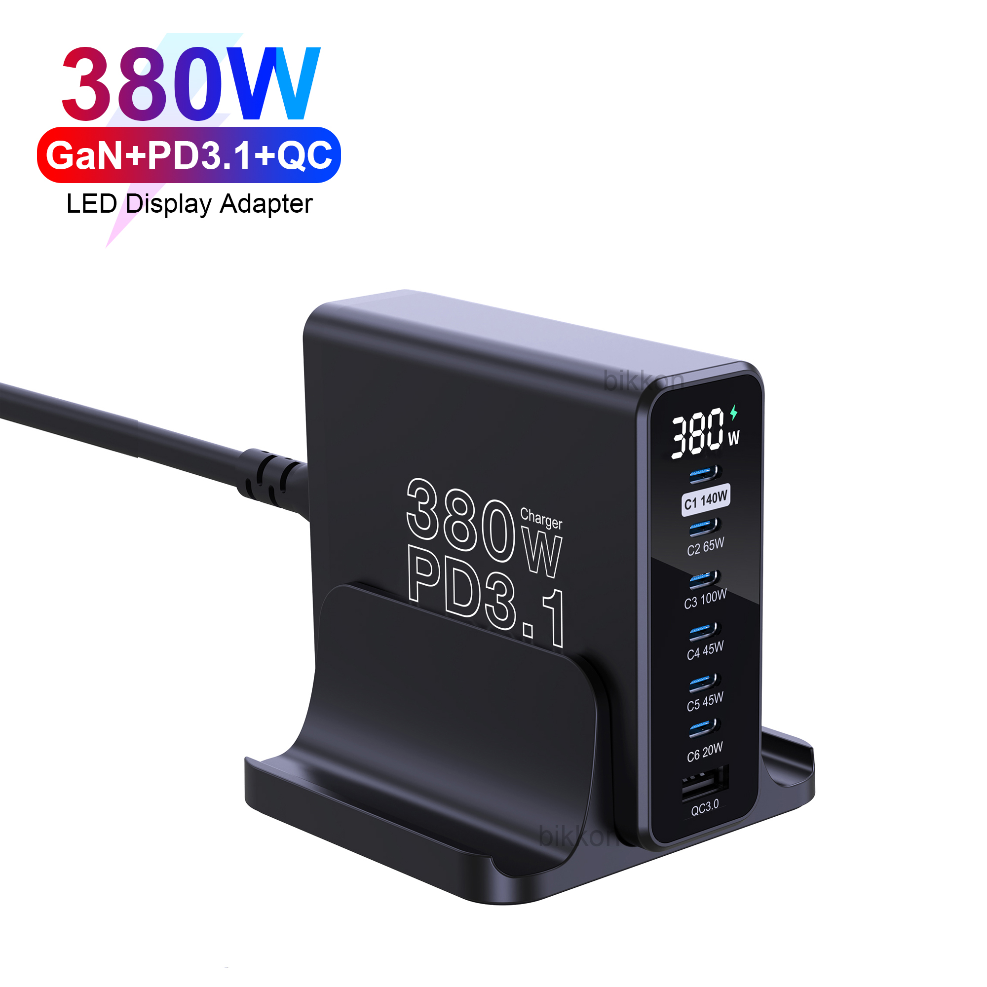 LED Display GaN 380W PD3.1 6C1A Desktop Charger
