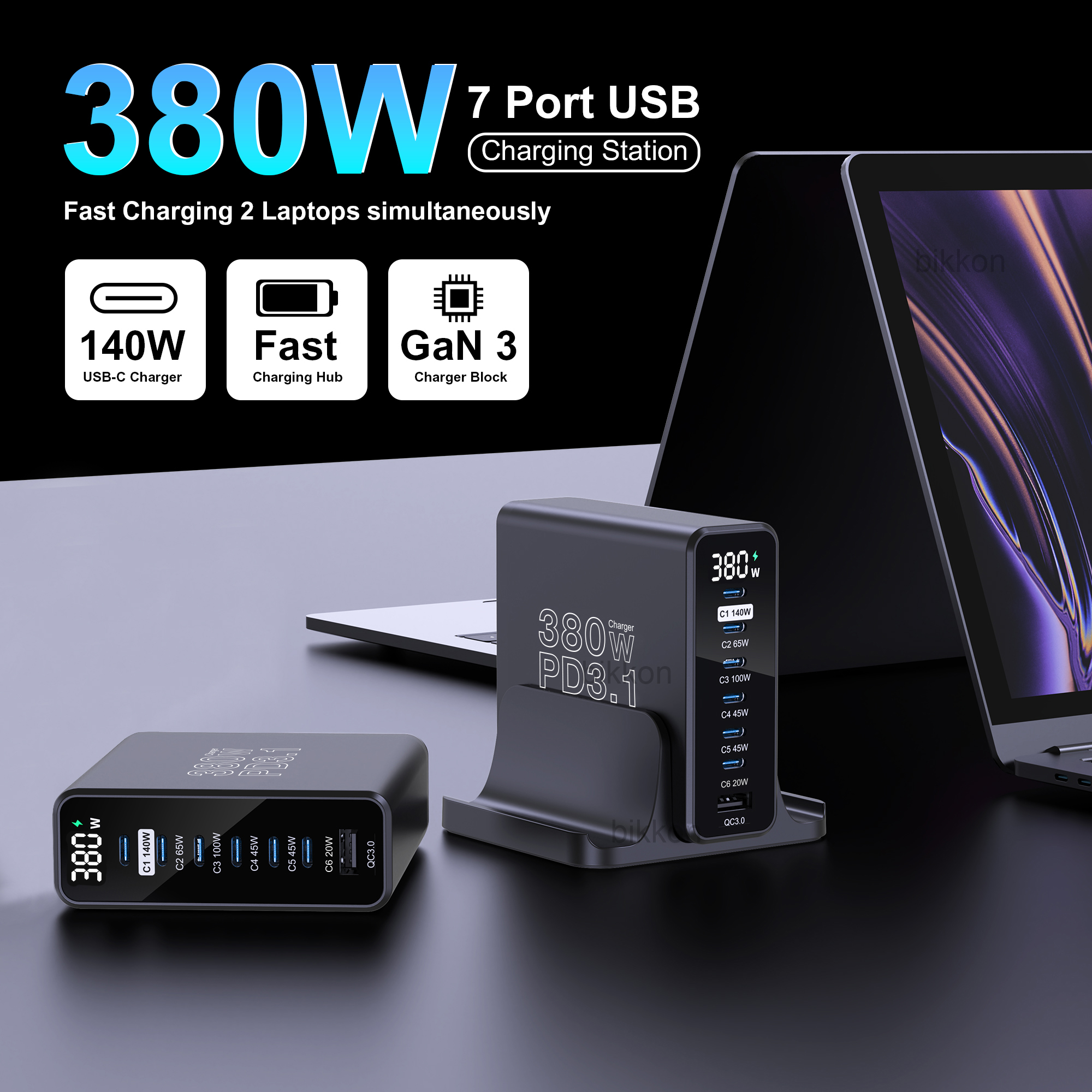 LED Display GaN 380W PD3.1 6C1A Desktop Charger