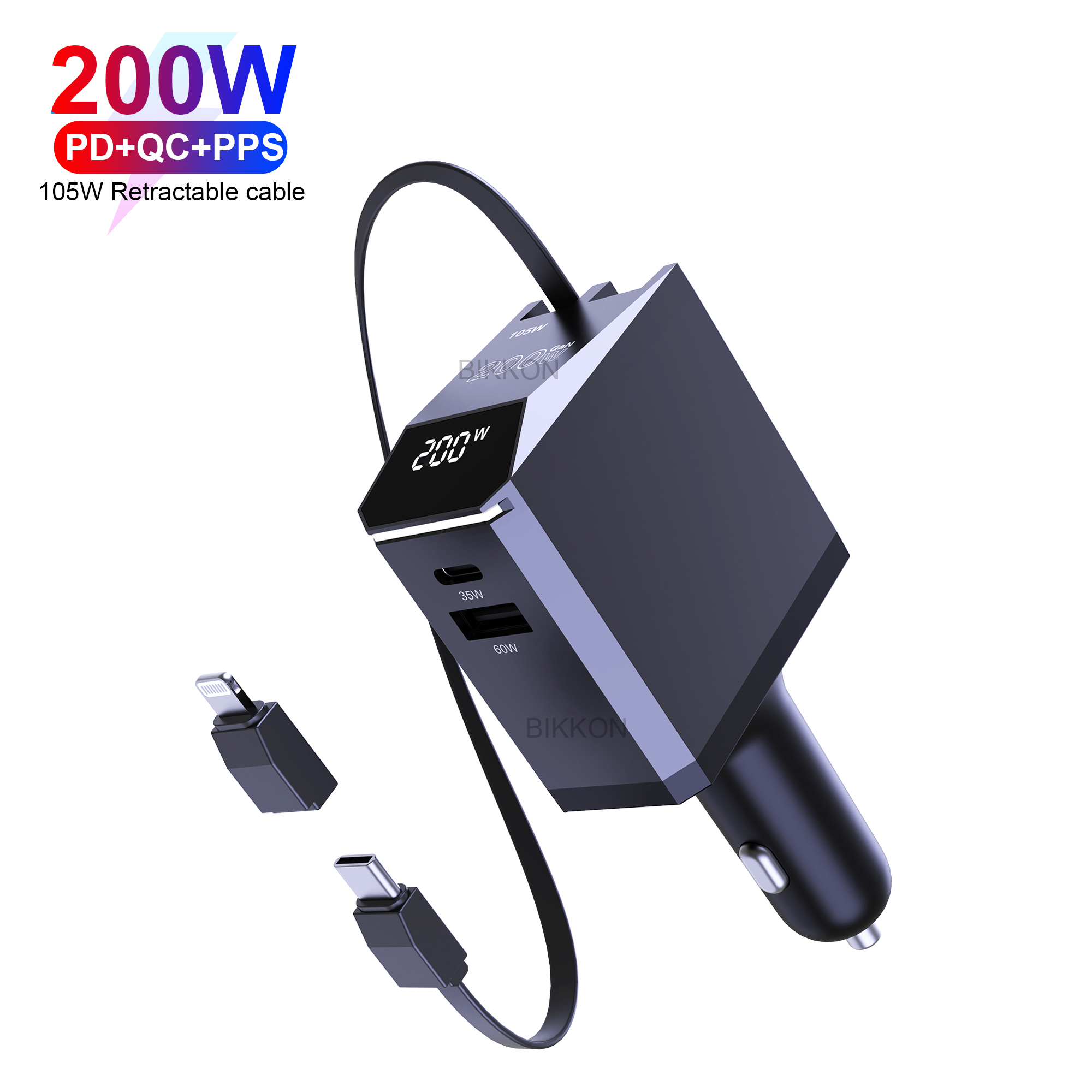 200W with Retracrtable Type C Cable LED Display Car Charger