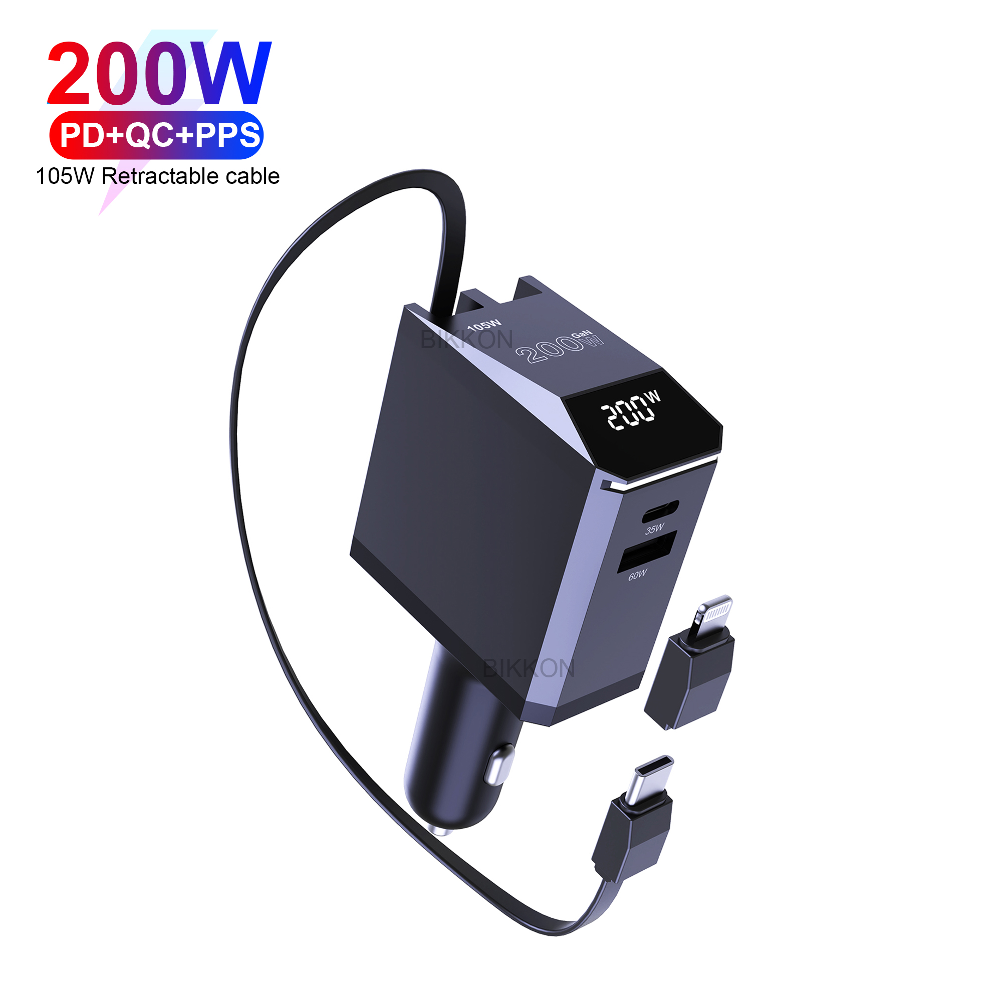 200W with Retracrtable Type C Cable LED Display Car Charger