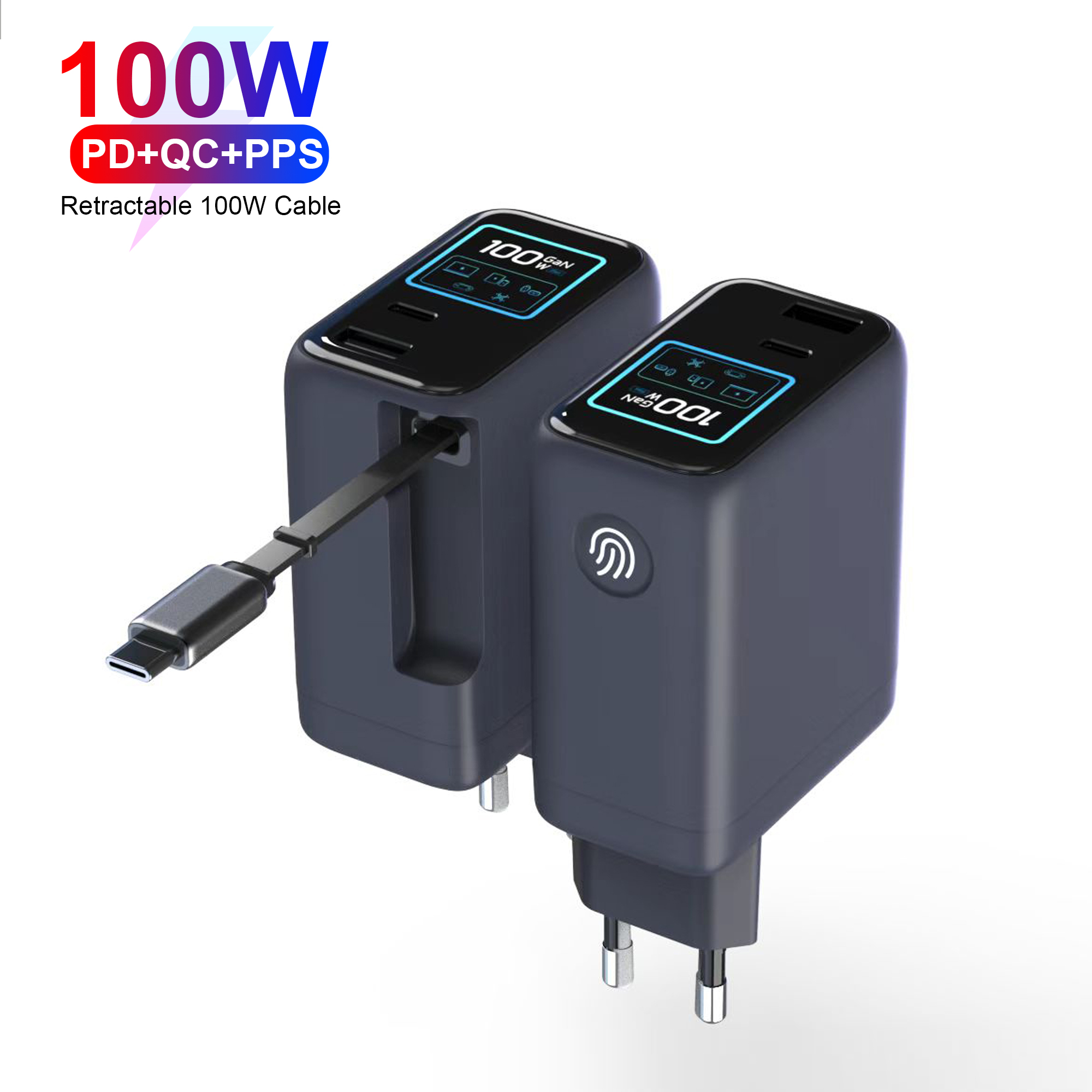 100W Retractable Type-C Cable LCD Display GaN Wall Charger