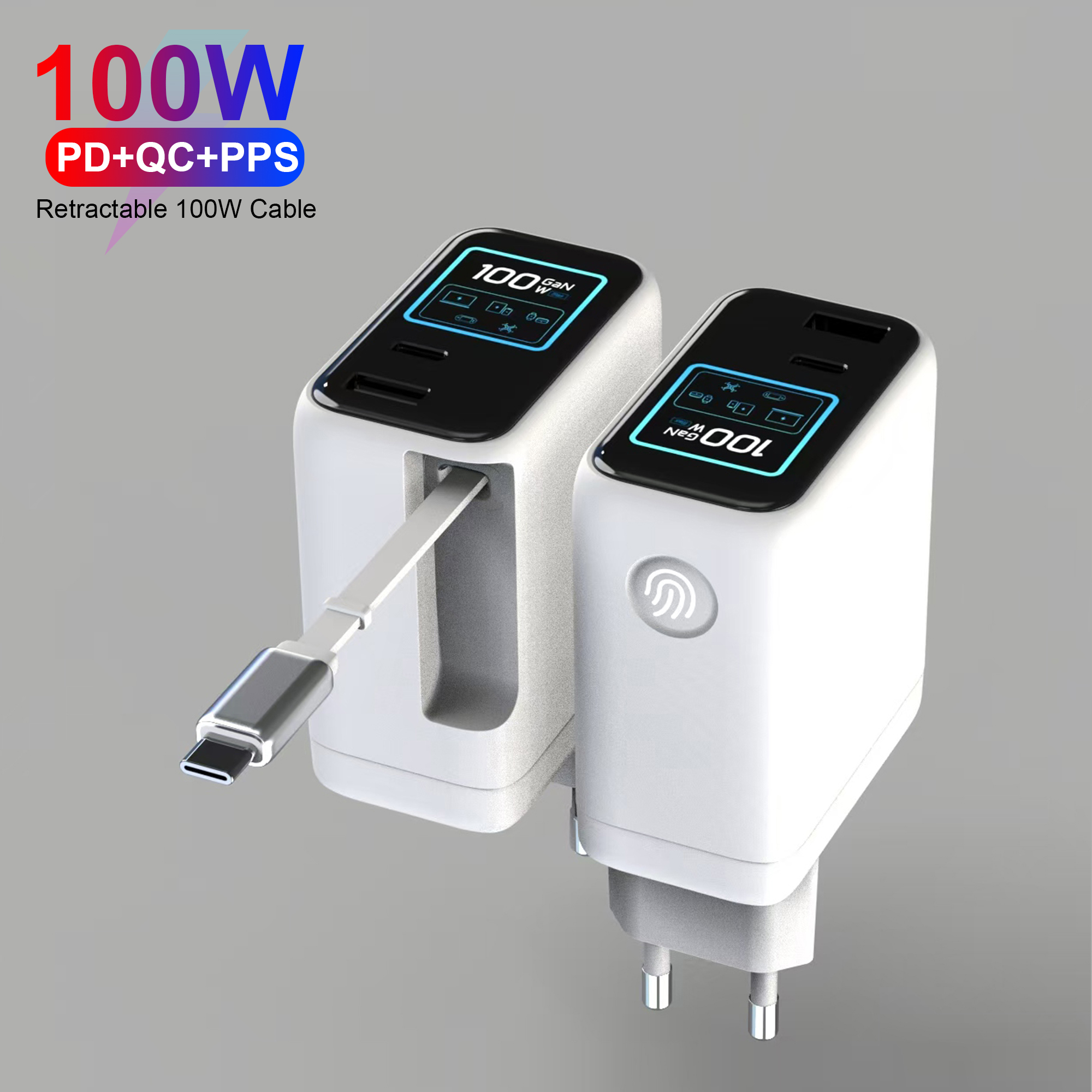 100W Retractable Type-C Cable LCD Display GaN Wall Charger