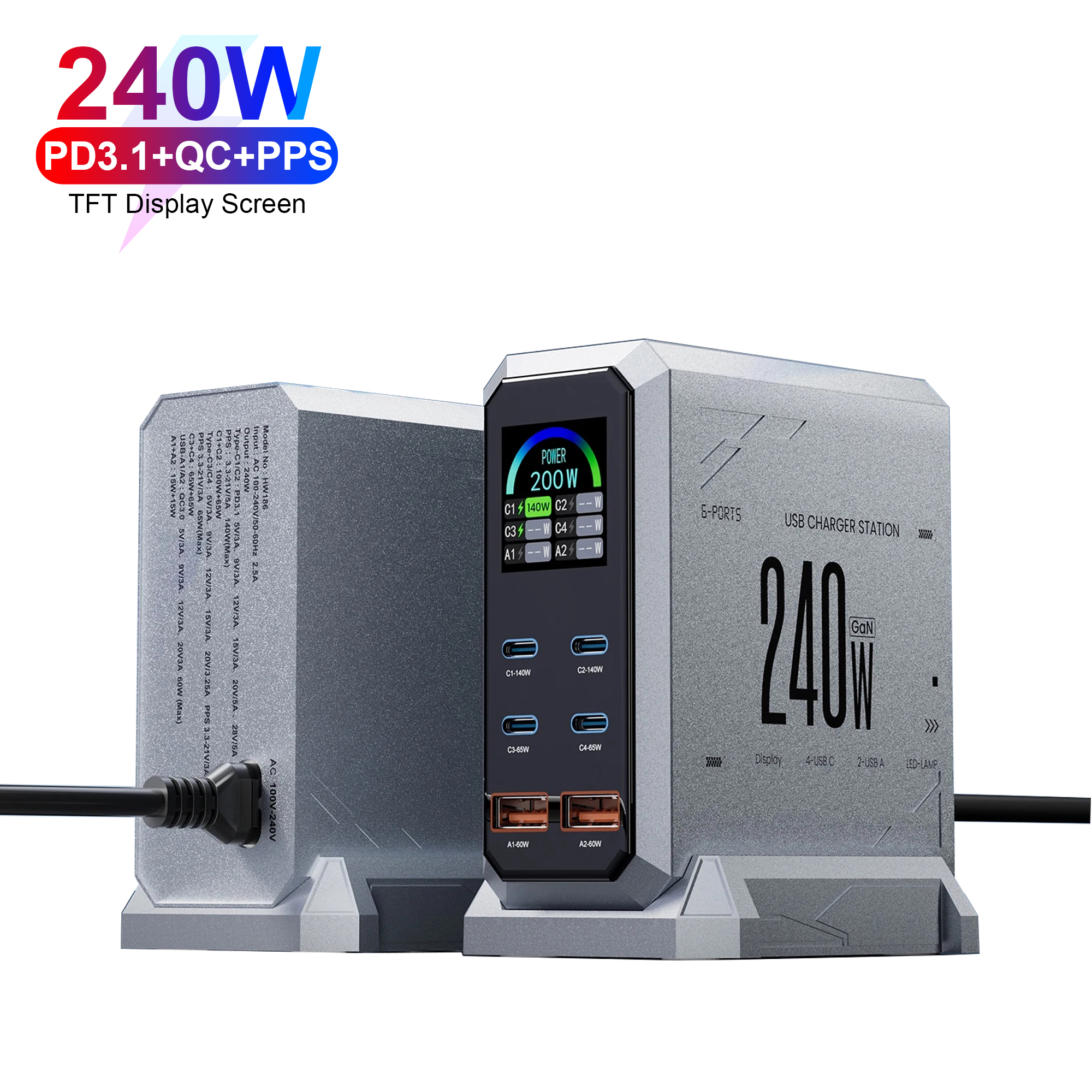 New Arrive-- 240W PD3.1 4-in-1 TFT Display 4C2A GaN Desktop Charger