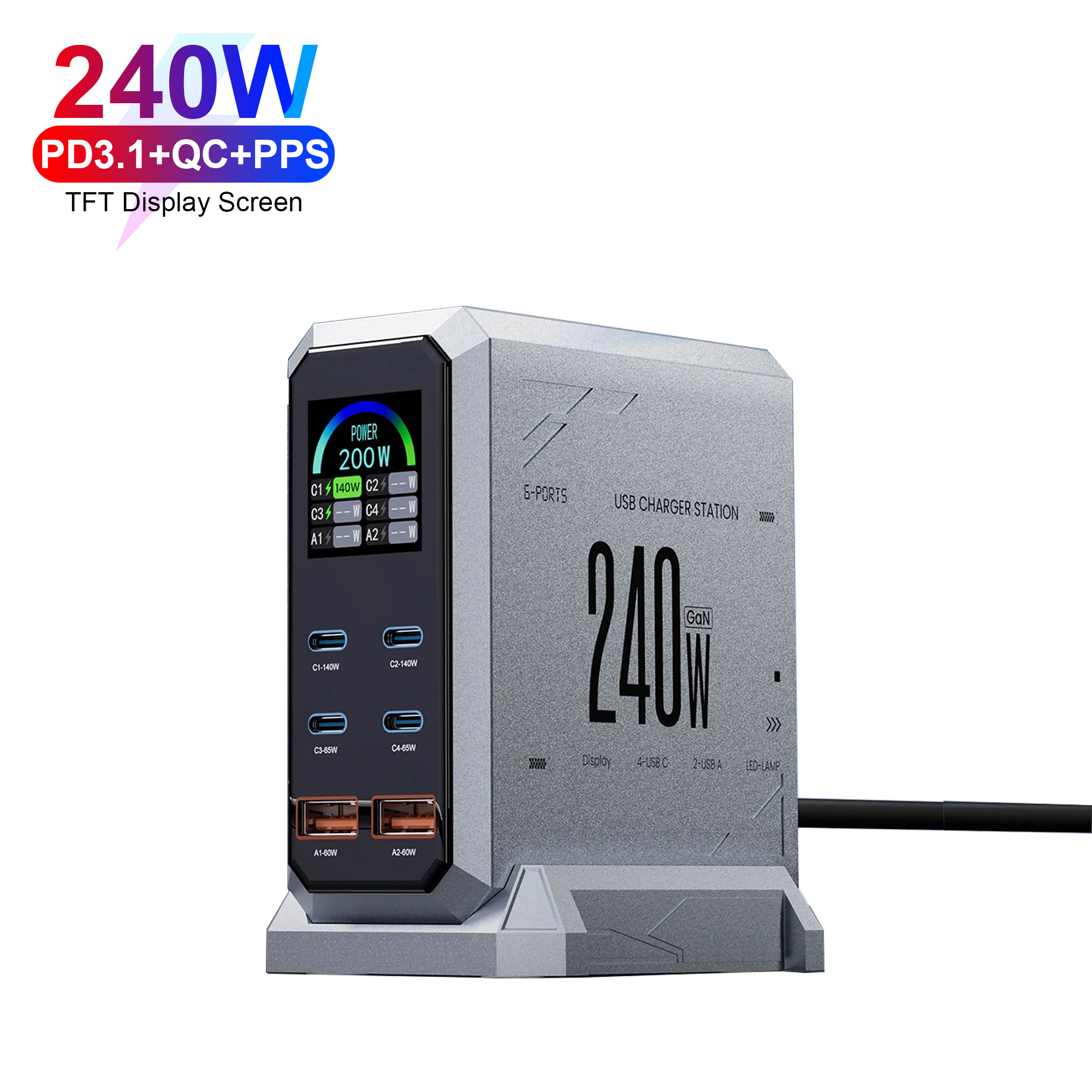 240W PD3.1 4-in-1 TFT Display 4C2A GaN Desktop Charger