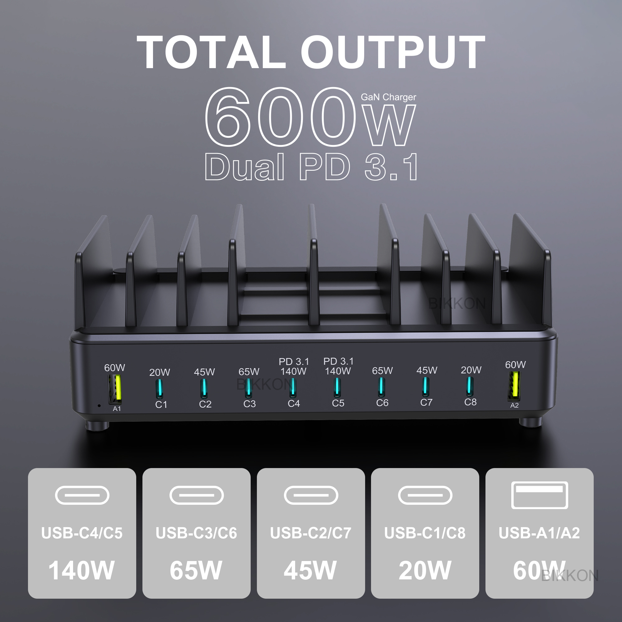 bikkon China 600W Dual PD3.1 10-ports 8C2A GaN Desktop Charger with Stand