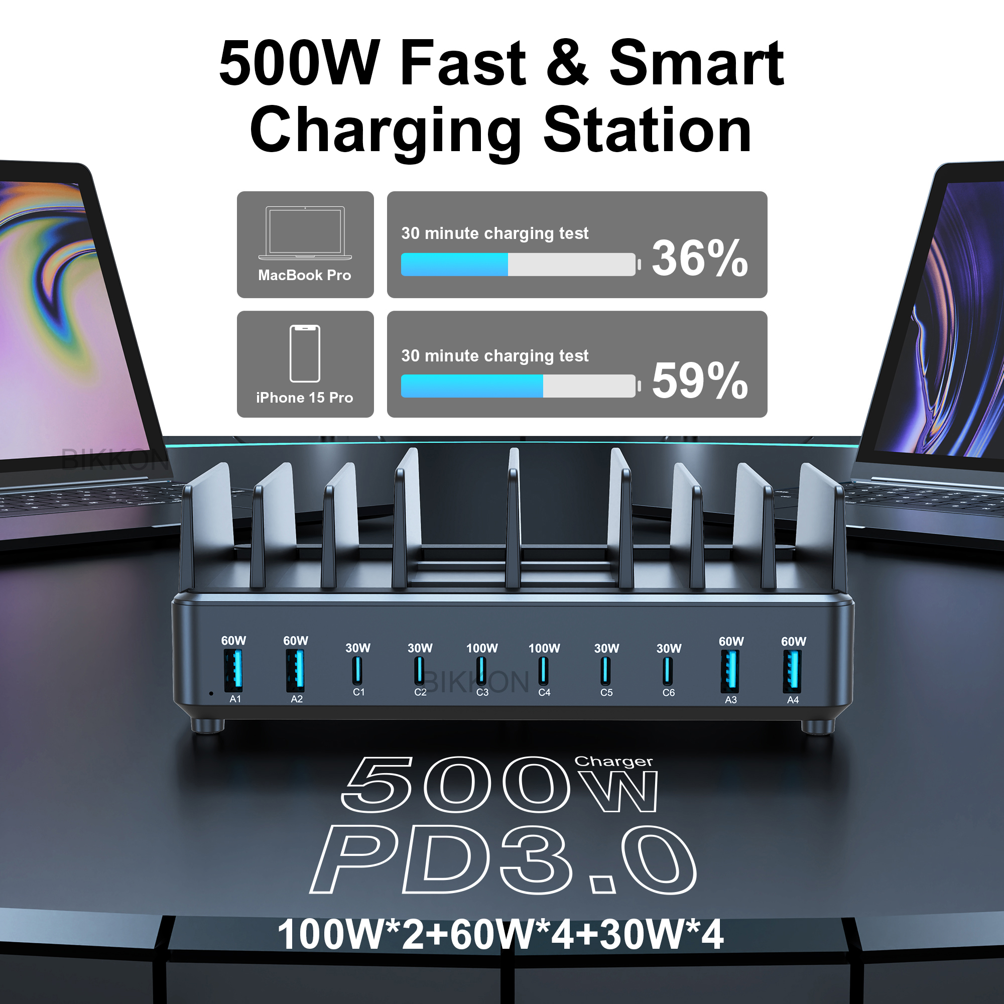 bikkon shenzhen 500W Dual PD3.0 10-ports 8C2A GaN Desktop Charger with Stand