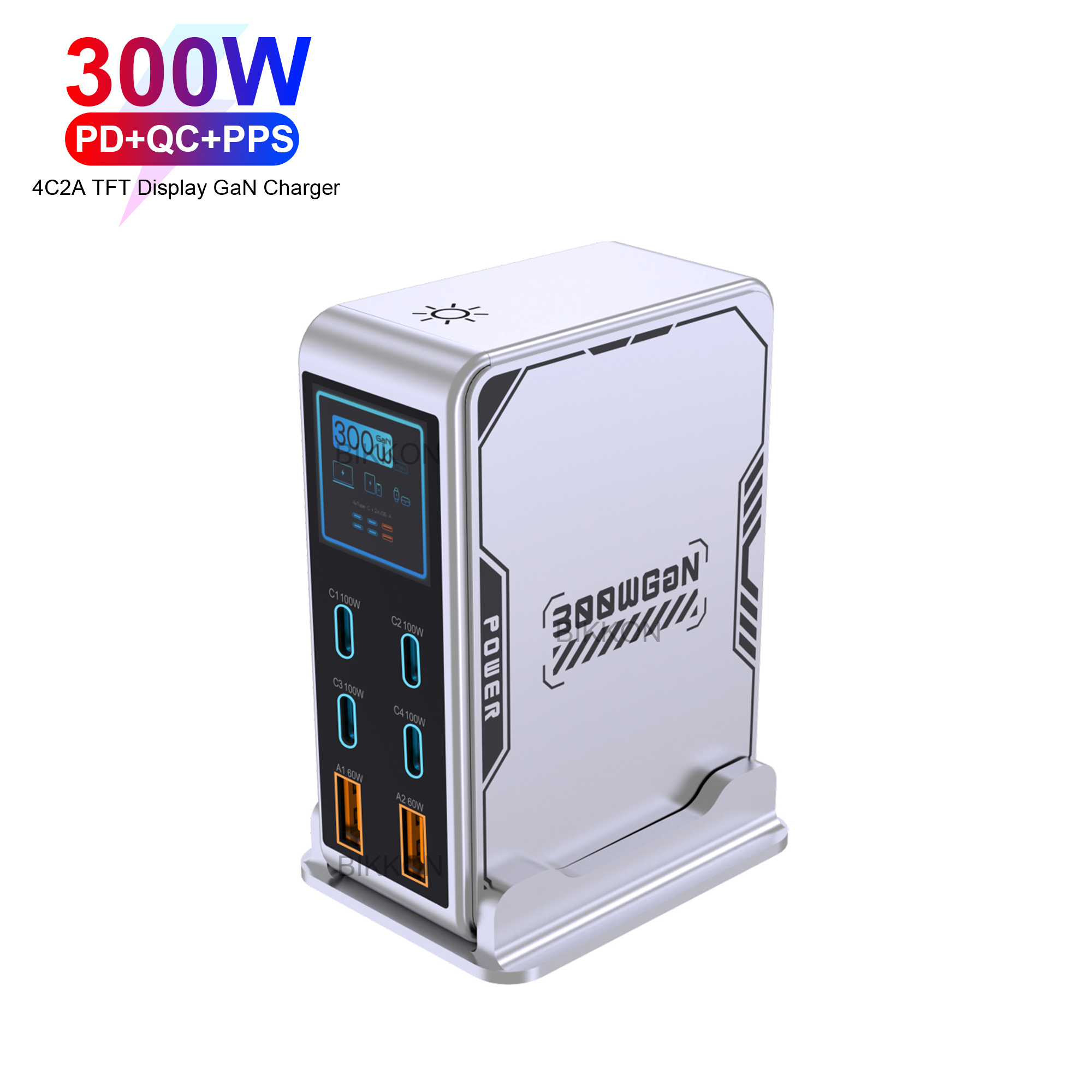 BIKKON 300W GaN Charger 6-Port Digital Display Desktop Fast Charging Station