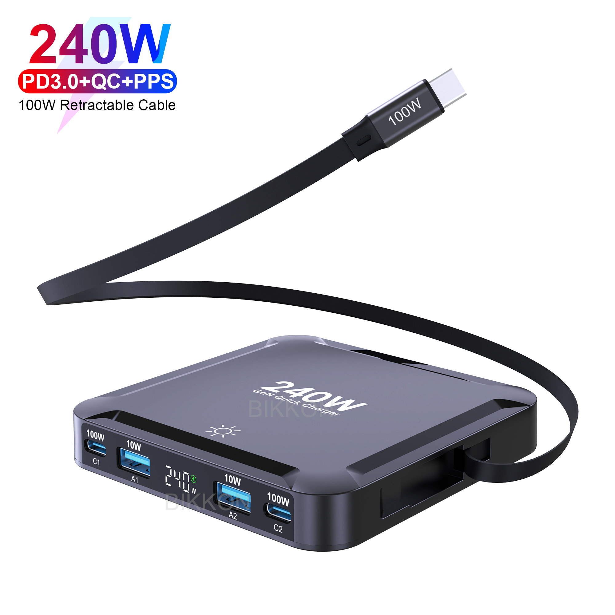 GaN 240W Display 2C2A Charger with 100W Retractable Cable