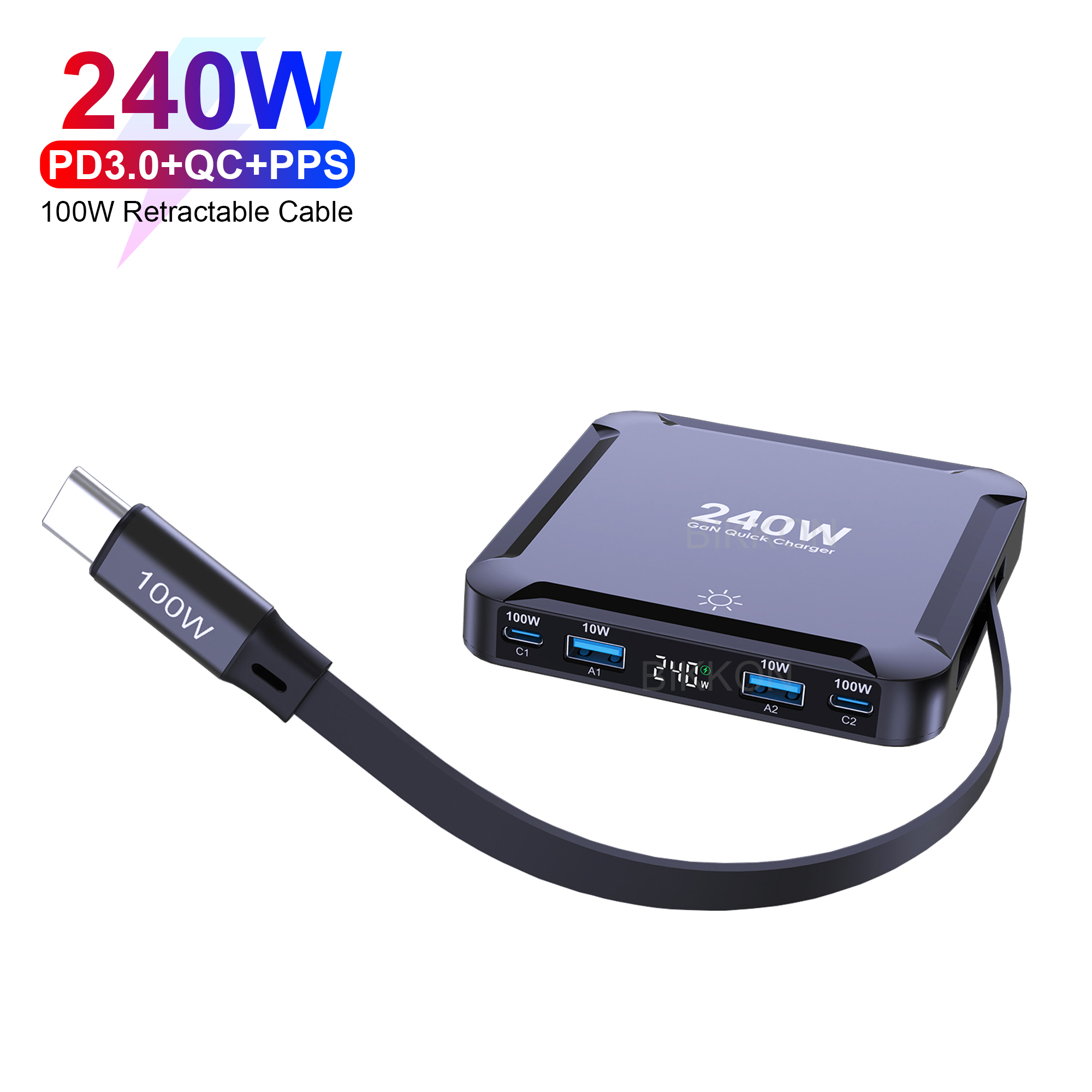 GaN 240W Display 2C2A Charger with 100W Retractable Cable