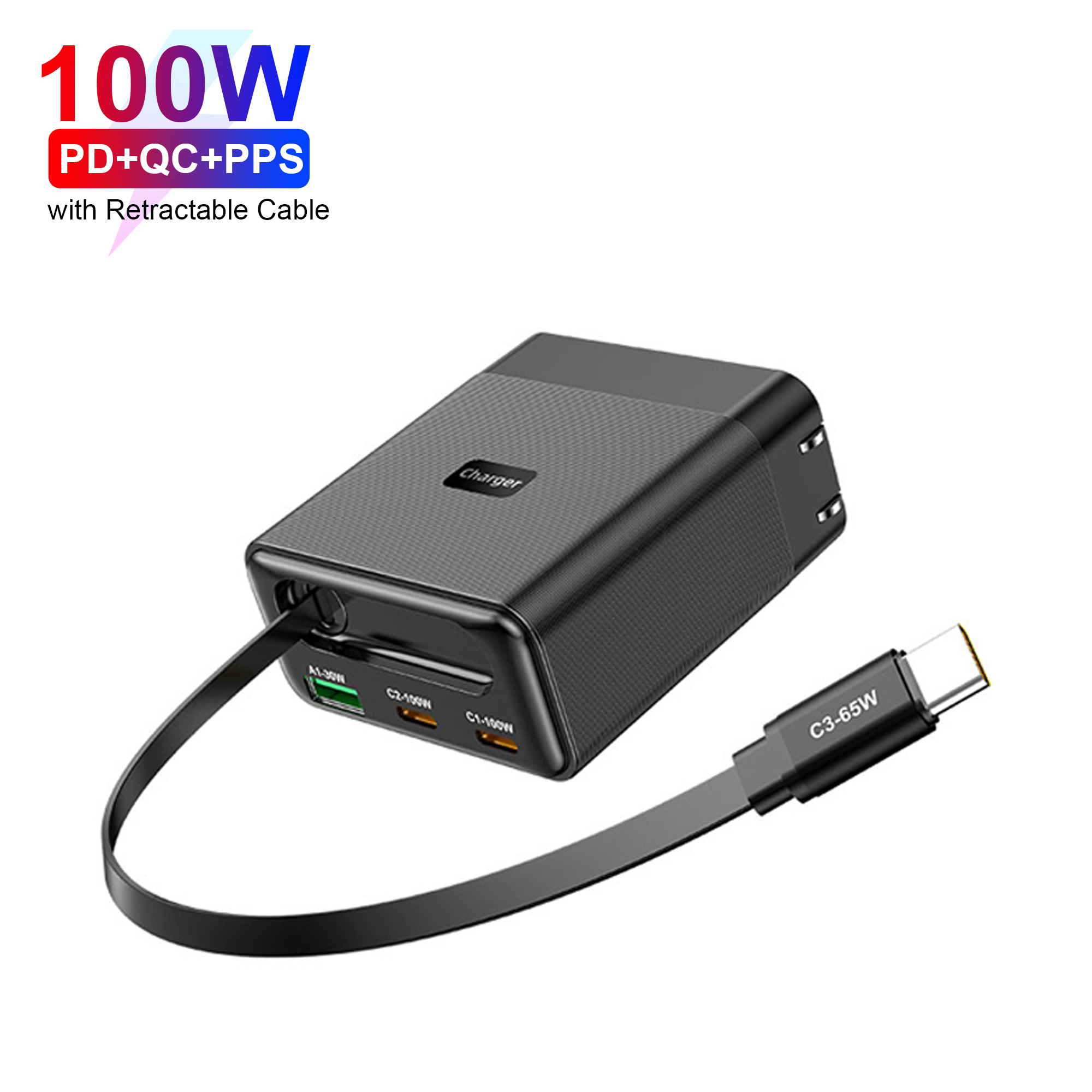 100W 3C1A GaN Charger with Retractable Type-C Cable