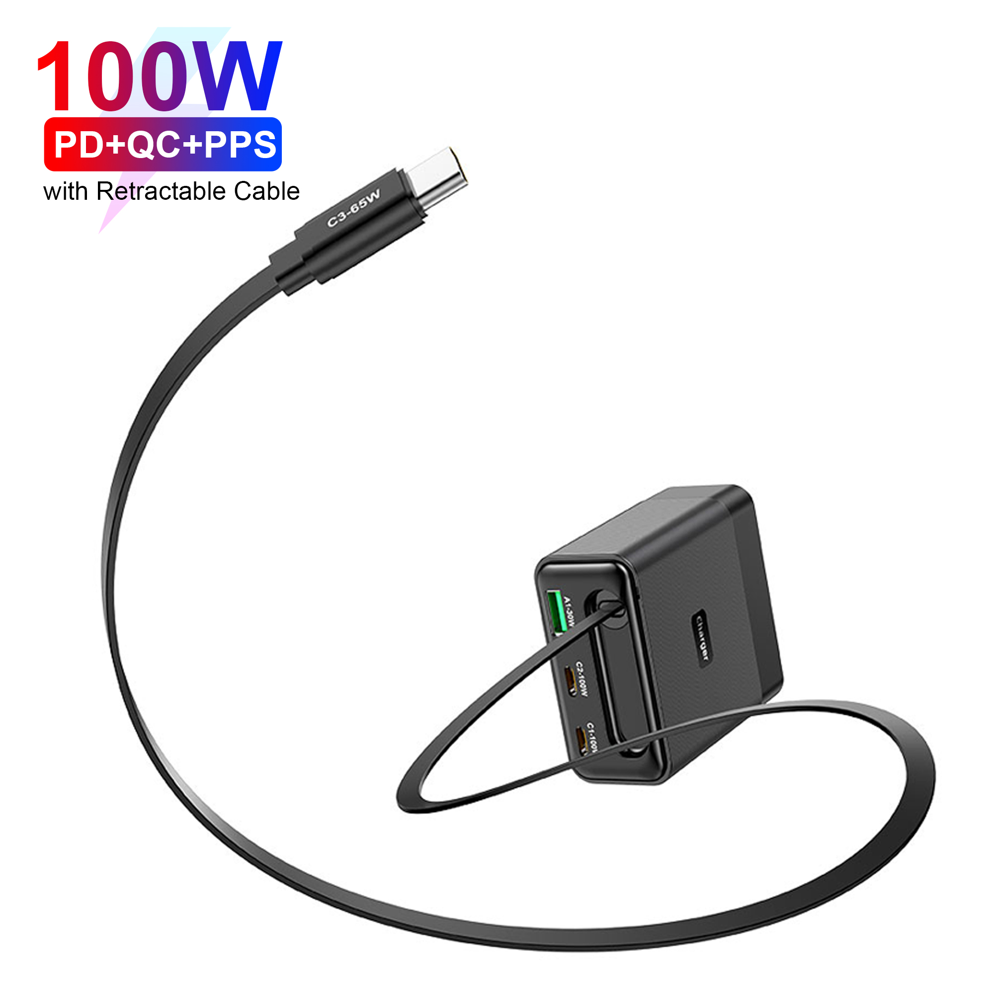 100W 3C1A GaN Charger with Retractable Type-C Cable